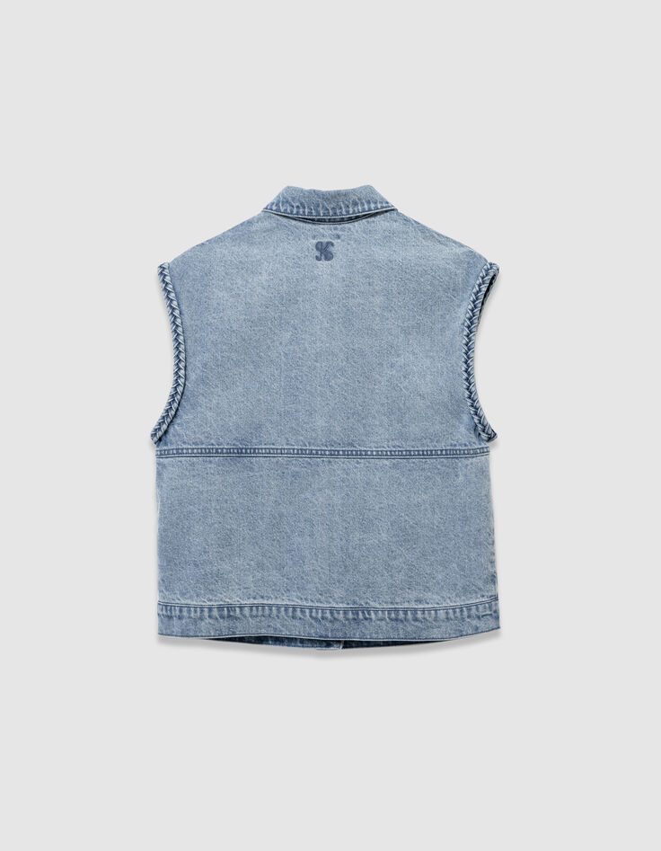 Veste sans manches en jean bleu fille-6 Veste sans manches en jean bleu fille-6