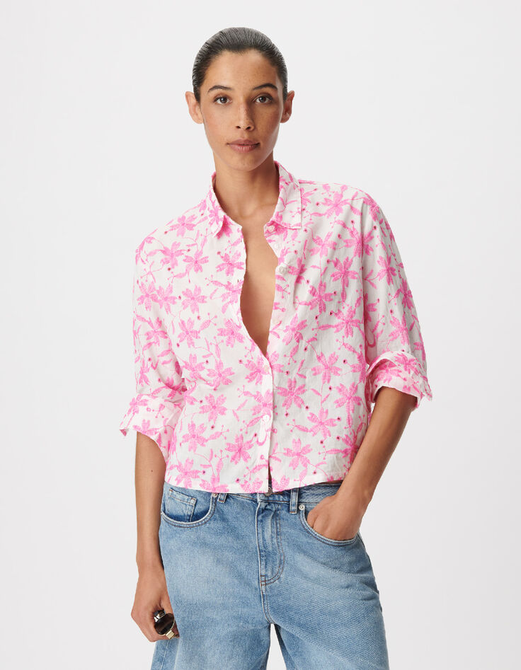 Chemise manches longues broderies roses Femme-4