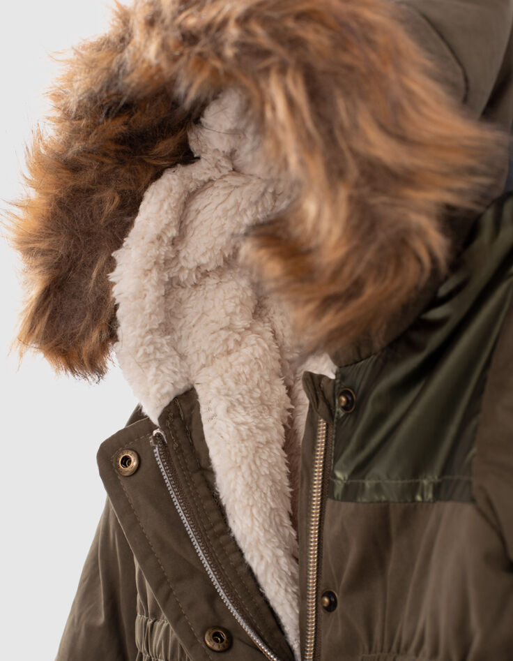 Donkerkaki parka in twee materialen gevoerd babymeisjes-5