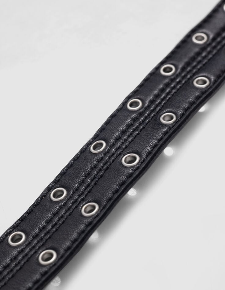 Ceinture noire cuir décor double œillets Femme-3