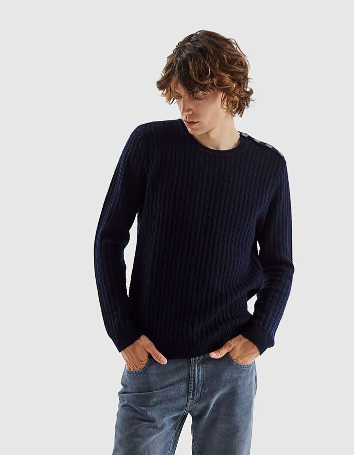 Men’s navy knit sweater with buttoned shoulders - IKKS