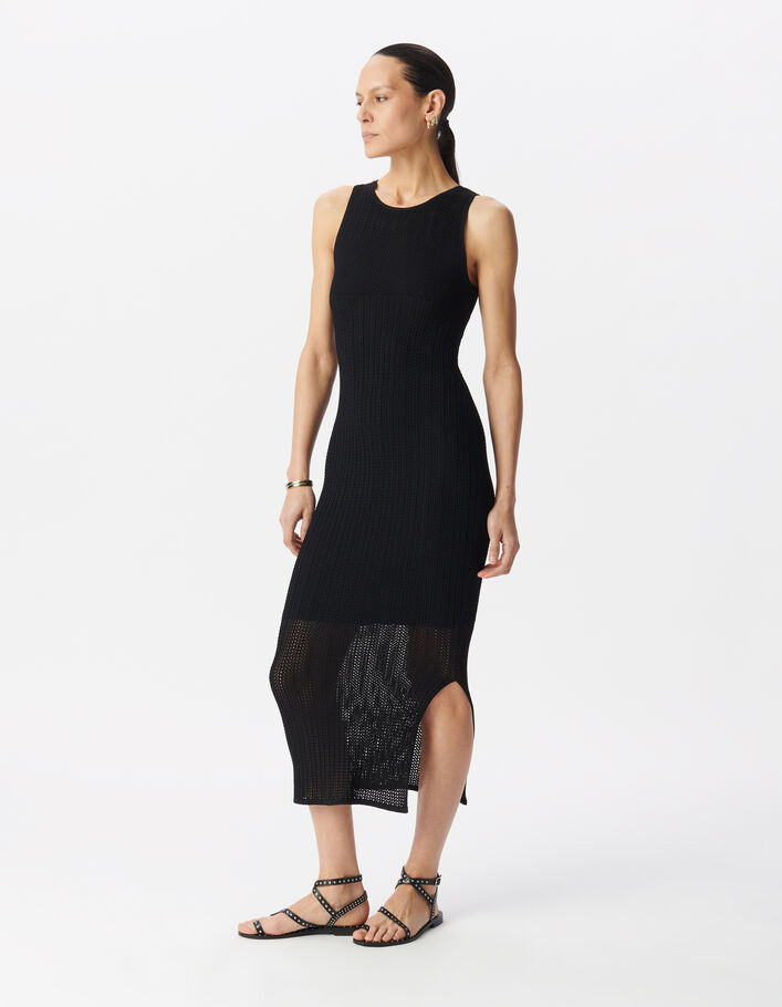 Women's black openwork knit midi-length tube dress IKKS