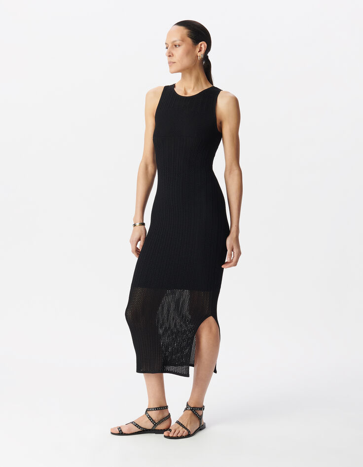 Zwarte kokerjurk ajourtricot midi-lengte Dames-1