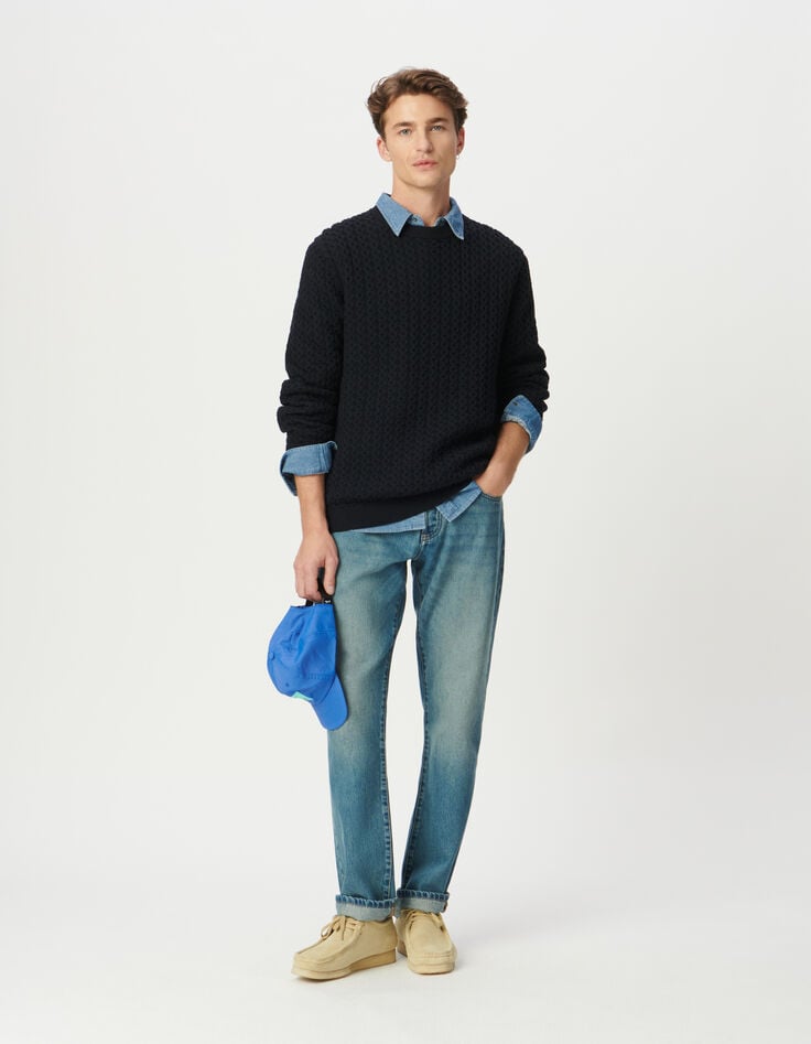 Men’s navy decorative textured knit winter sweater-1 Men’s navy decorative textured knit winter sweater-1