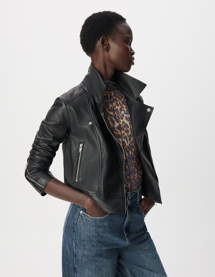 Schwarze Bikerjacke aus Leder f&uuml;r Damen-2