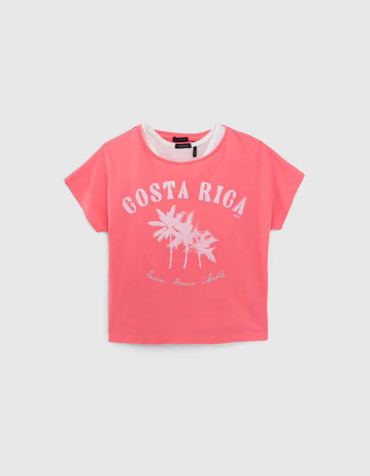 Girls’ 2-in-1 neon-pink T-shirt and white vest top-2