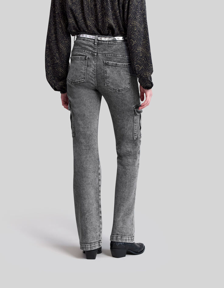 Women’s faded black flared jeans with cargo pockets-3