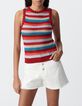 Top rouge tricot ajour&eacute; motif rayures Femme-2