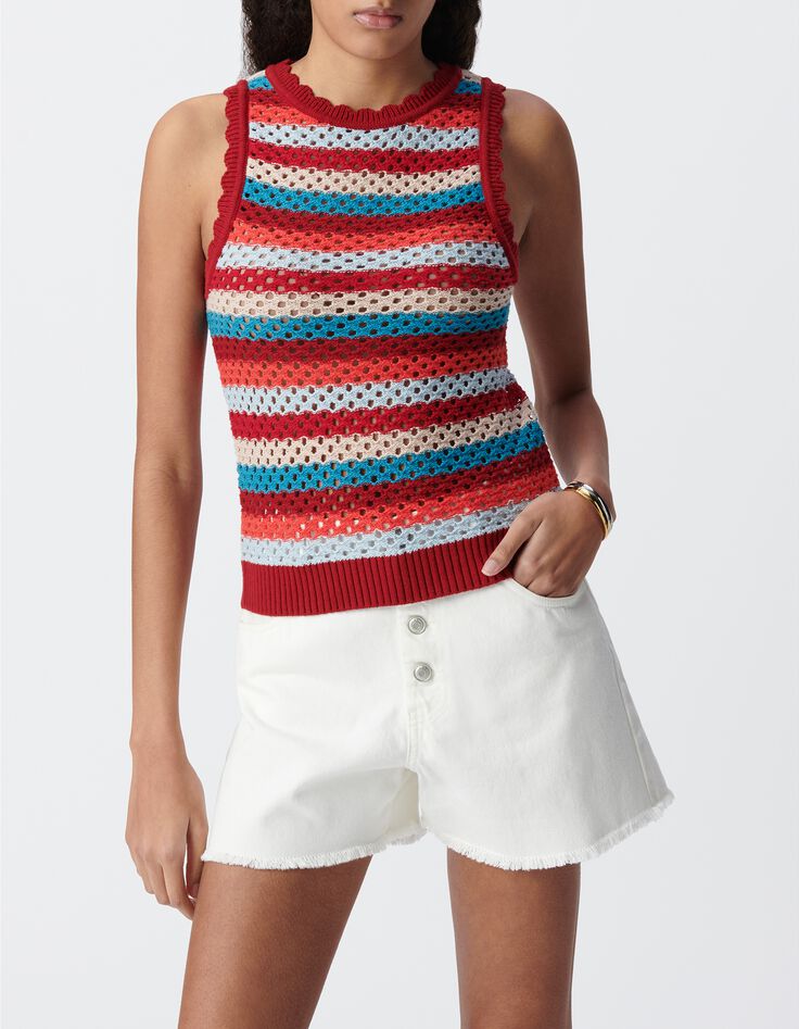 Top rouge tricot ajour&eacute; motif rayures Femme-2