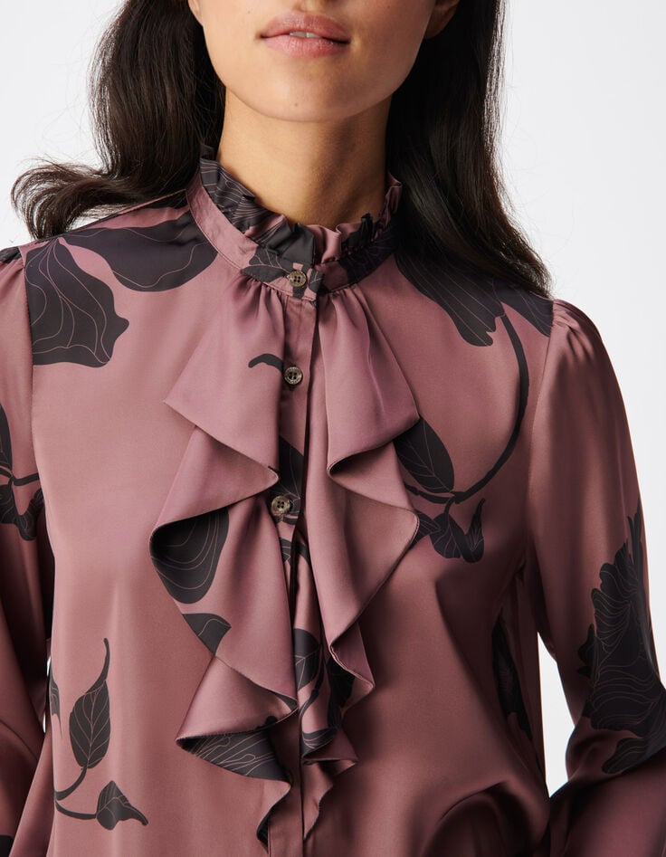 Damesbordeauxrood shirt met bloemenprint en maxi ruches-4