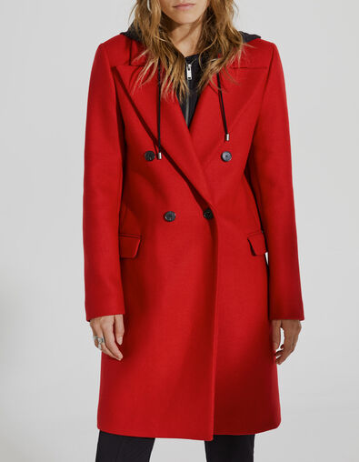 Manteau rouge mi-long en laine à capuche en molleton femme - IKKS