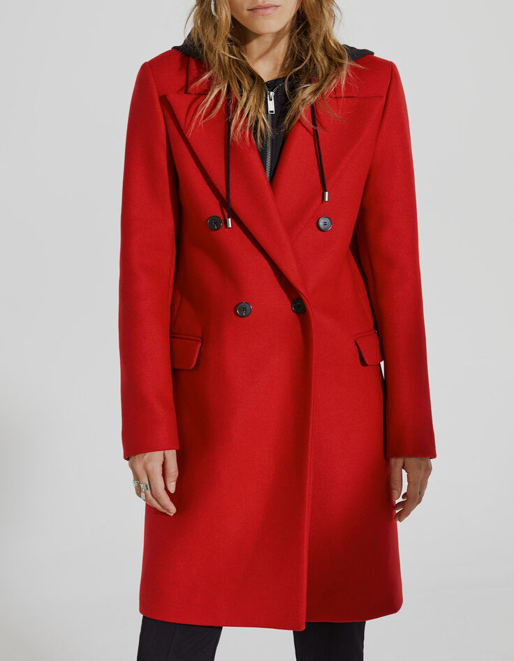 Manteau rouge mi-long en laine à capuche en molleton femme-1