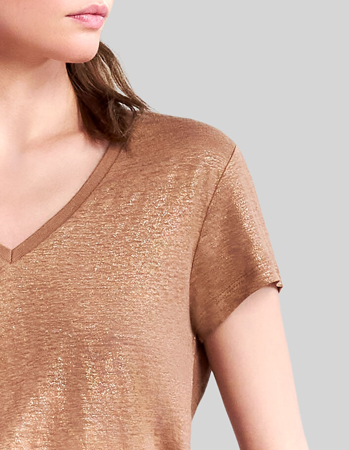 Women's camel foil linen V-neck T-shirt - IKKS
