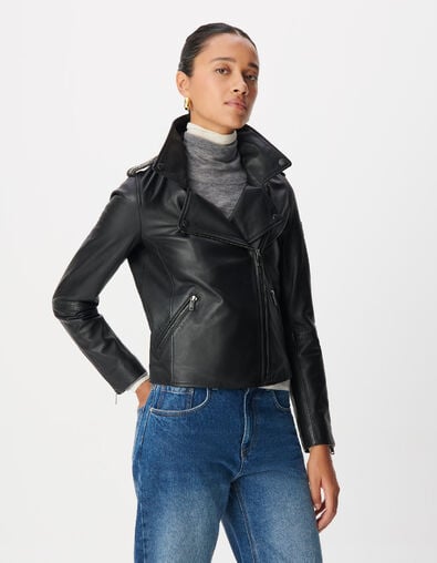 Women's black leather biker jacket with detachable hood - IKKS