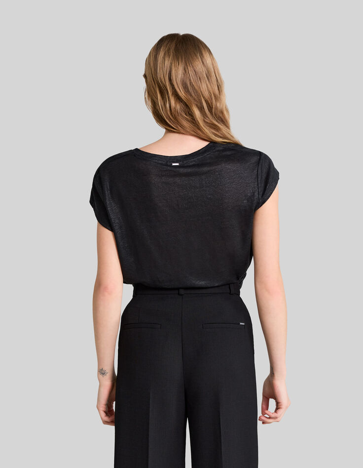 Schwarzes Damen-T-Shirt aus irisierendem Leinen-3
