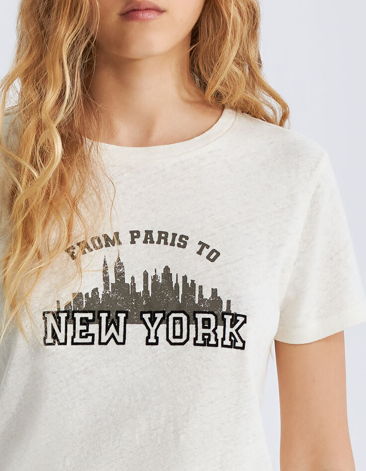 Elfenbeinfarbenes Damen-T-Shirt aus Baumwolle und Leinen-4