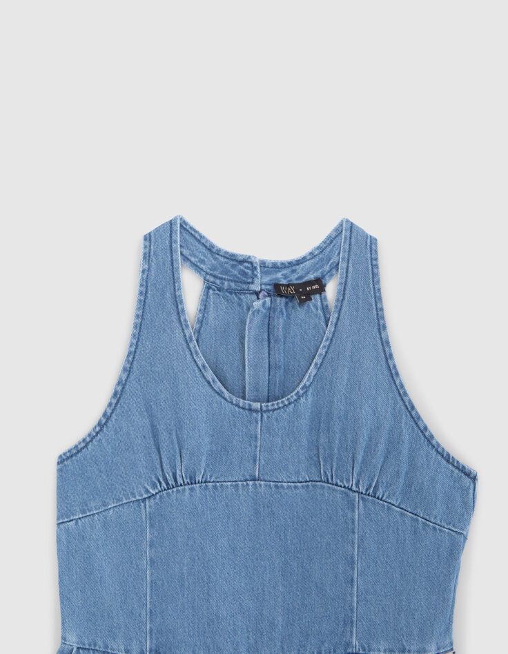 Blauer Mädchenkurzoverall aus Jeansstoff im Retro-Stil-2