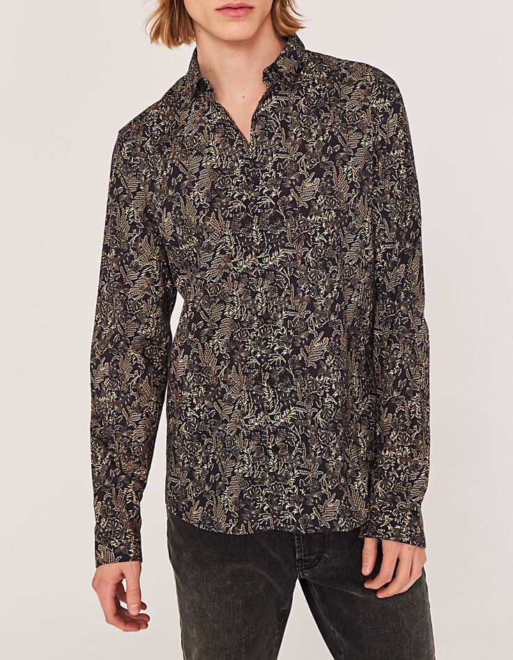 Zwart SLIM overhemd print gele bloemen Heren-1