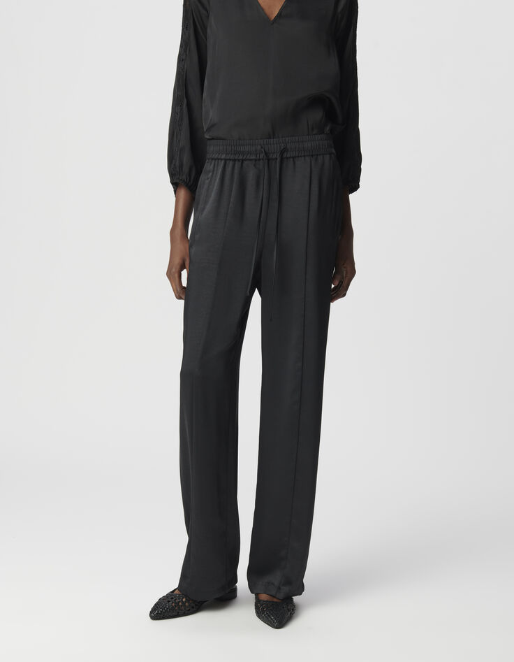 Pantalon large noir polyester recycl&eacute; taille &eacute;lastiqu&eacute;e Femme-2