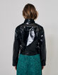 Kurze, schwarze Damenjacke in Vinyl-Optik-3