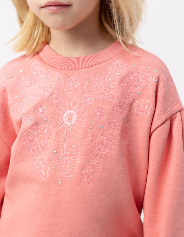 Sweat rose décor broderies et oeillets fille-2