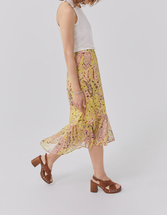 Women’s yellow paisley summer asymmetric midi skirt - IKKS