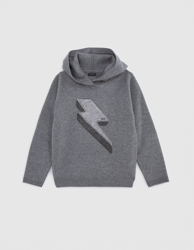 Pull gris tricot maxi badge éclair garçon-1
