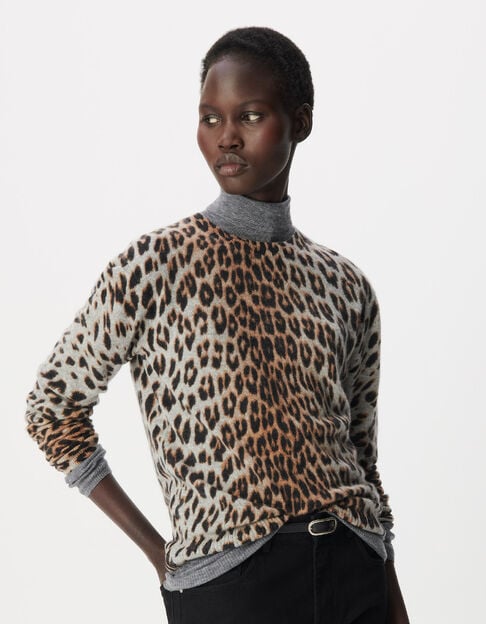 Pull gris tricot 100% cachemire motif l&eacute;opard Femme - IKKS