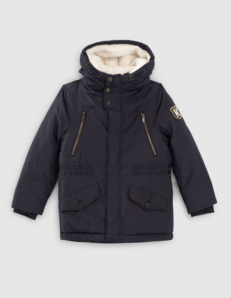 Blauer 2-in-1-Jungenparka mit roter Steppweste mit Karos-1