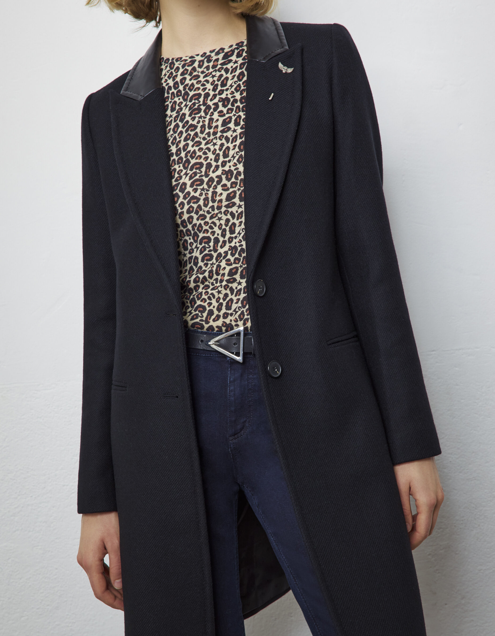 Manteau col tailleur noir avec bande grise trompe l il femme IKKS