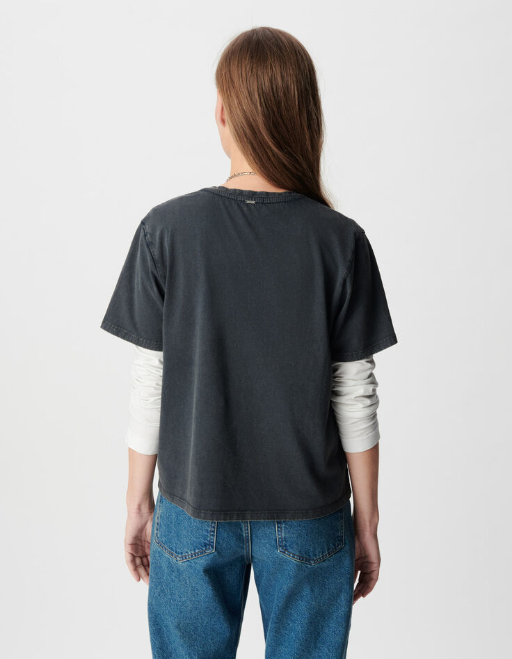 Schwarzes Damen T-Shirt aus verwaschener Bio-Baumwolle mit V-Ausschnitt-3