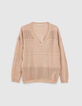 Women’s nude metallic knit V-neck sweater, stitch detail-1