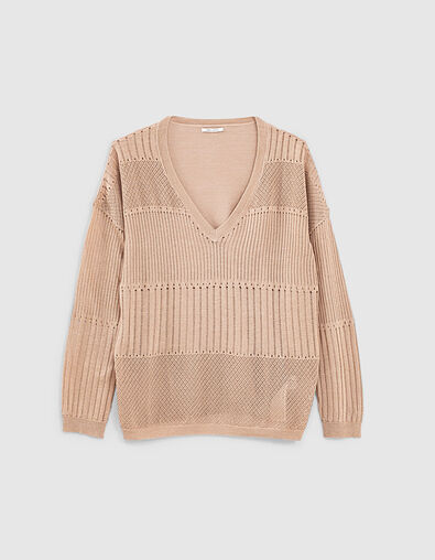 Women’s nude metallic knit V-neck sweater, stitch detail - IKKS