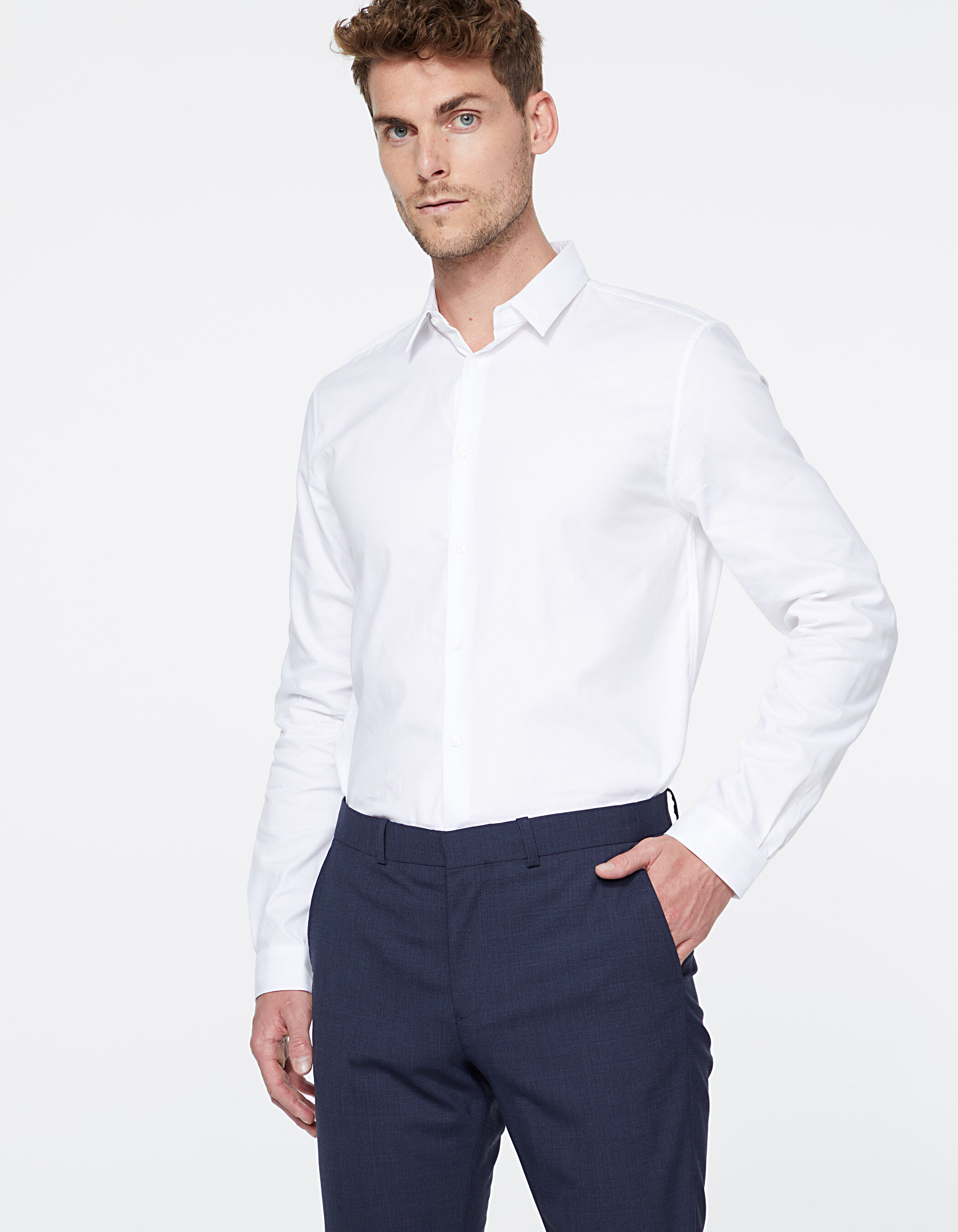 Wit REGULAR fit hemd in verstevigde stop met details aan kraag Heren