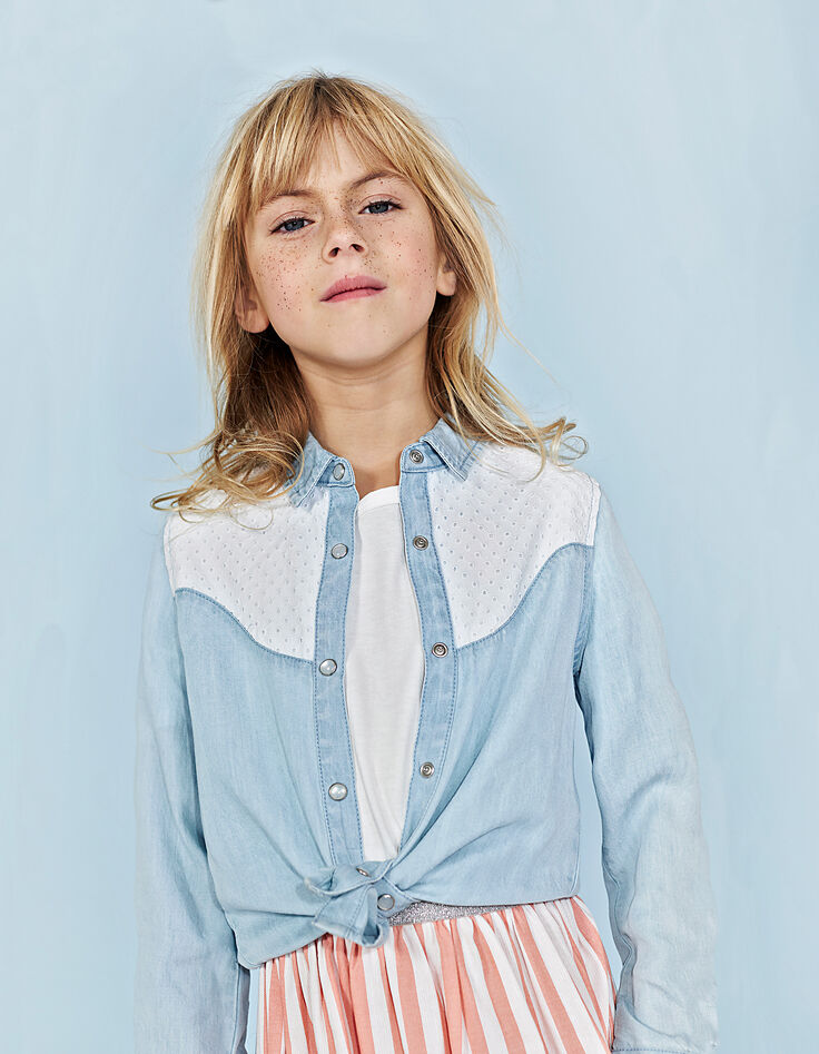 Girls’ bleached blue Tencel© and lace shirt-1