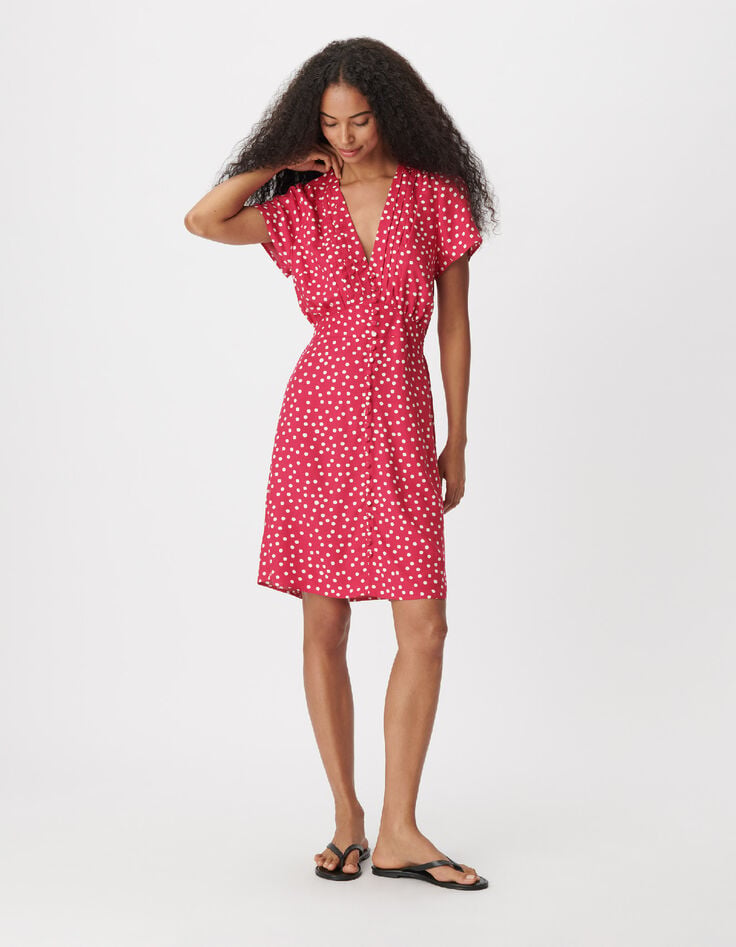 Robe encolure V rose imprim&eacute; pois Femme-1