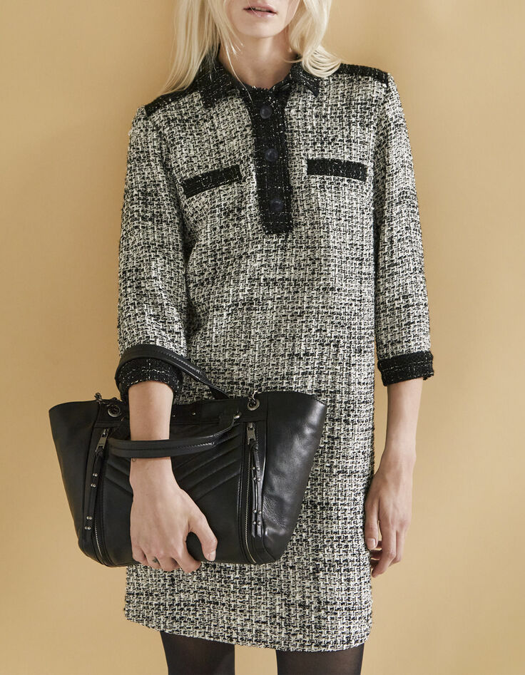Vestido camisero tweed flecos blanco y negro mujer-5