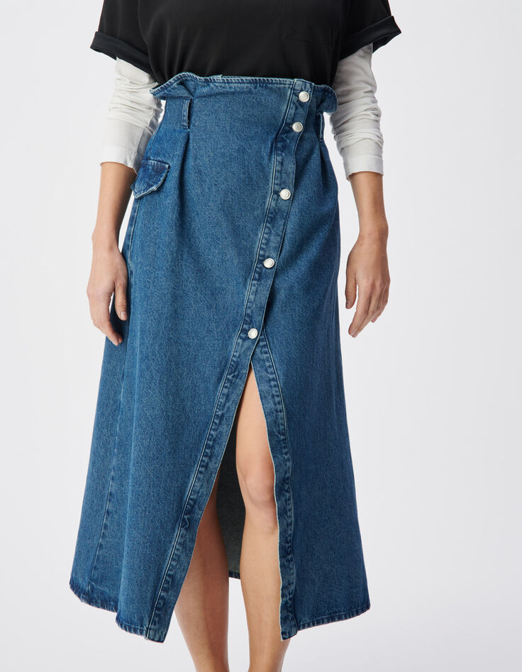 Jupe en jean bleu fendue taille haute asym&eacute;trique Femme-3