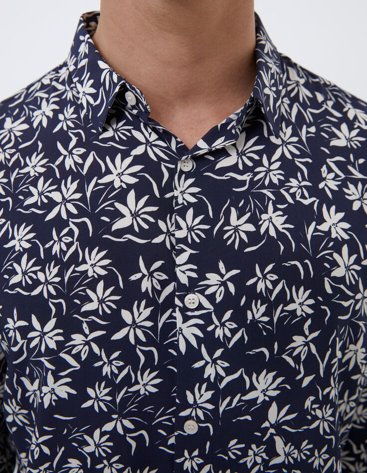 Marineblaues Herrenhemd im SLIM-Fit mit Blumenprint-4