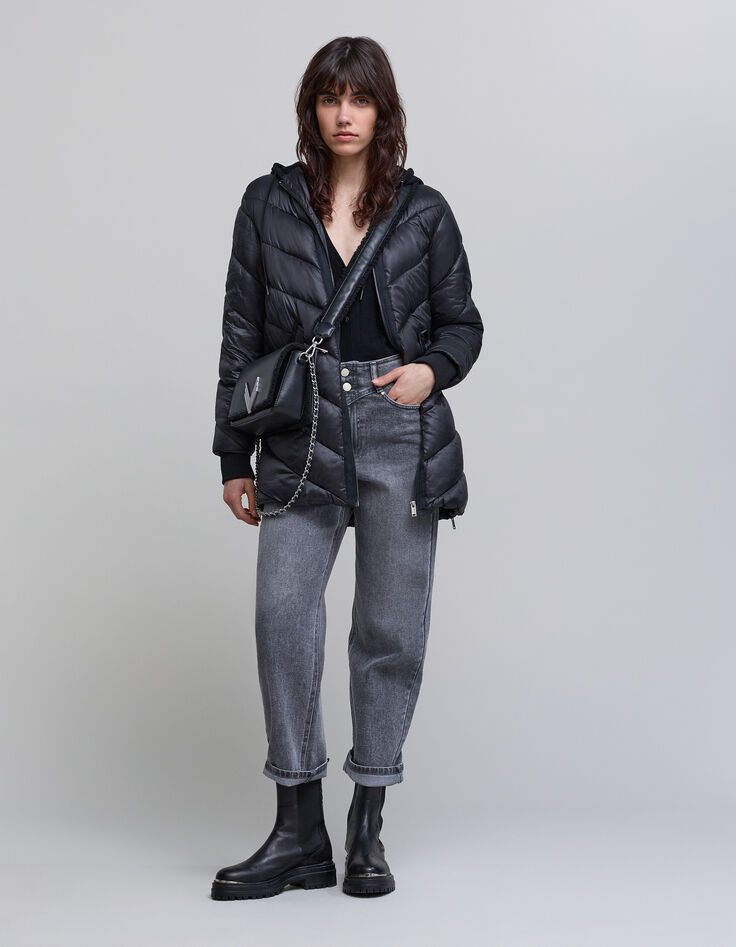 Women’s long light padded jacket+sweatshirt fabric hood-1