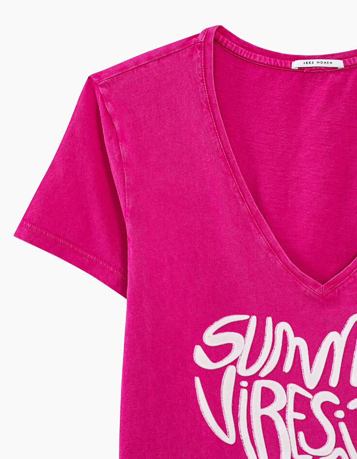 Roze T-shirt biokatoen opdruk geflockt fluweel dames-3