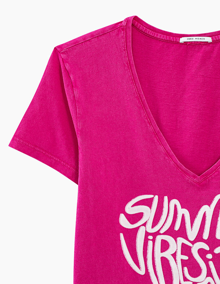 Camiseta rosa algodón bio visual terciopelo flocado mujer - IKKS