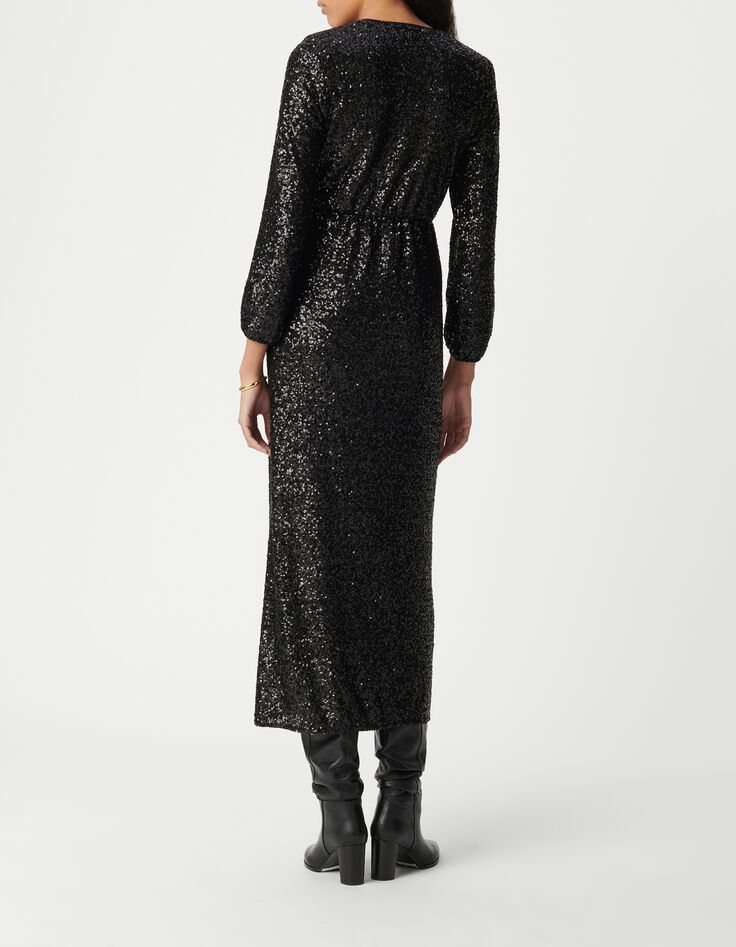 Women's black sequin-embroidered wrap dress-3