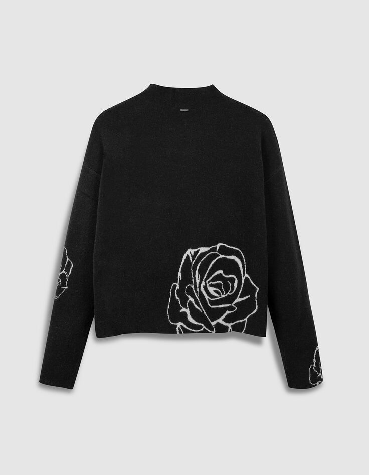 Pull col montant noir tricot jacquard motif roses femme-2