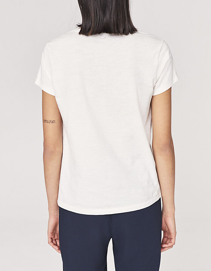 Women’s ecru organic cotton V-neck T-shirt with badge - IKKS