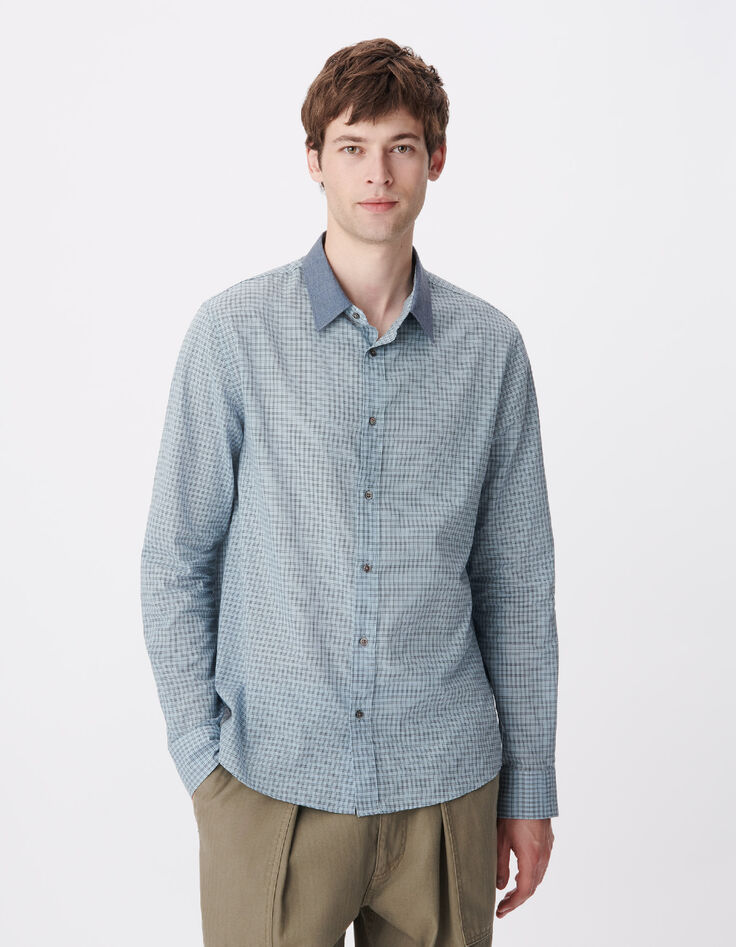 Chemise easy bleue motif carreaux manches longues Homme-3