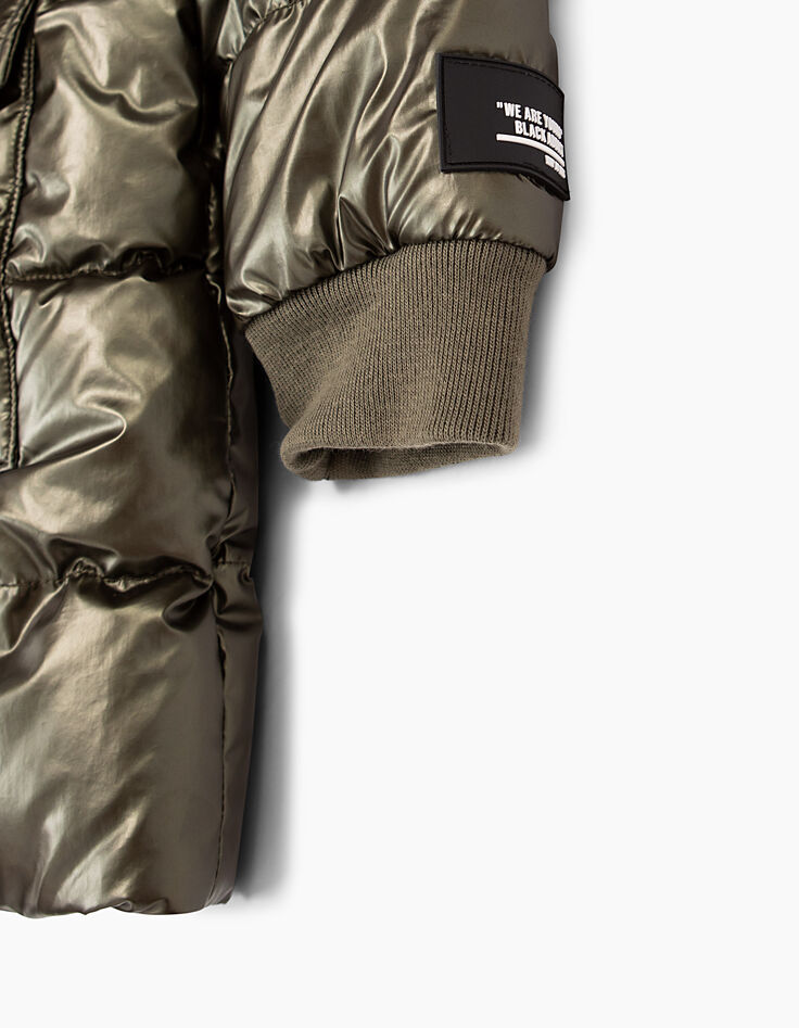 Girls’ khaki metallic-look long padded jacket-7