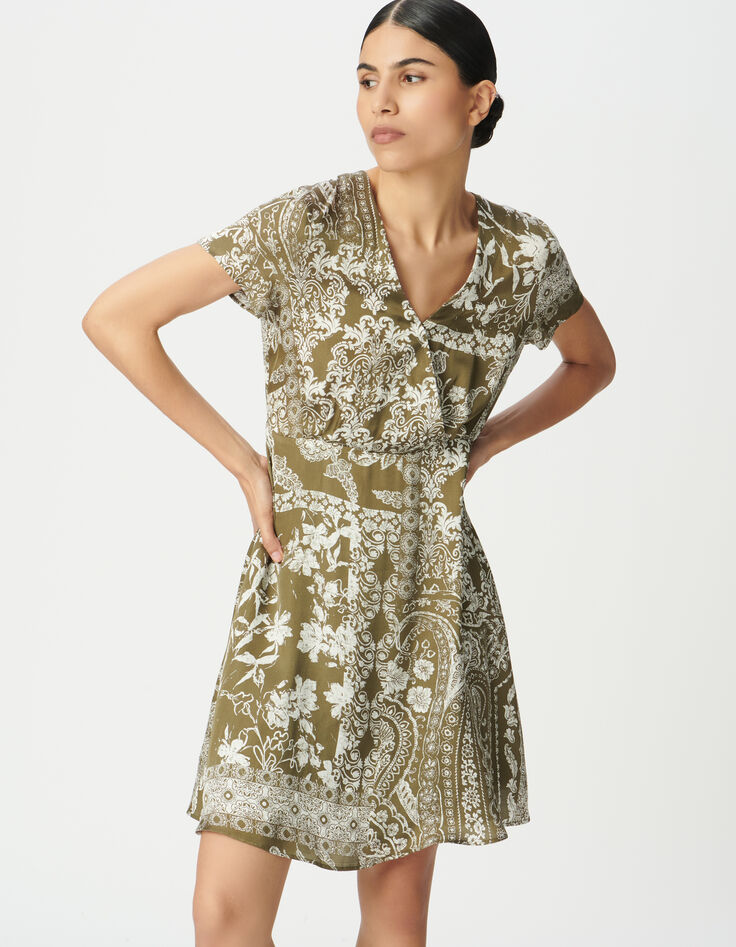 Robe fluide kaki imprimé foulard Femme-3 Robe fluide kaki imprimé foulard Femme-3