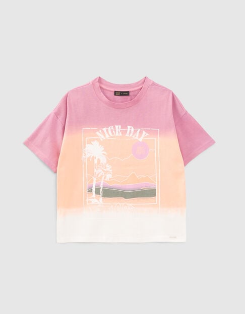 Girls’ white T-shirt, pink/orange deep dye + vintage image