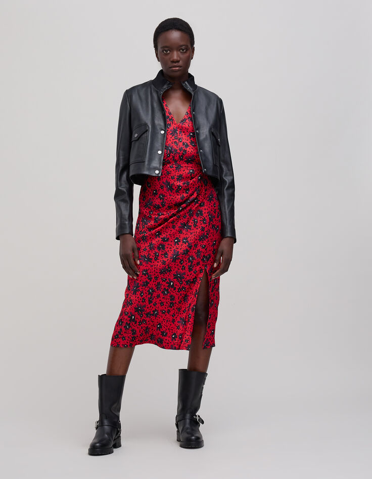 Robe midi rouge imprimé floral rock Femme-1